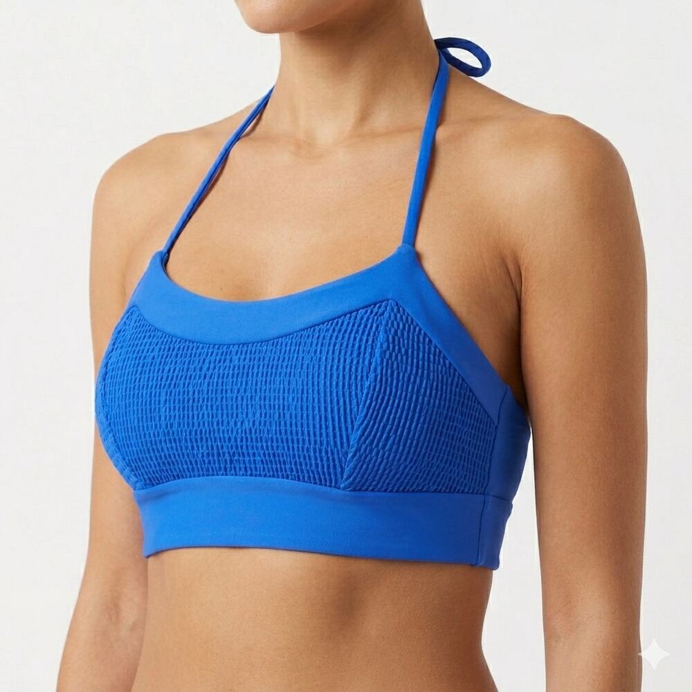 Tori Praver Smocked Longline Bralette Bikini Top Blue Sz M NWT Double Back Hook